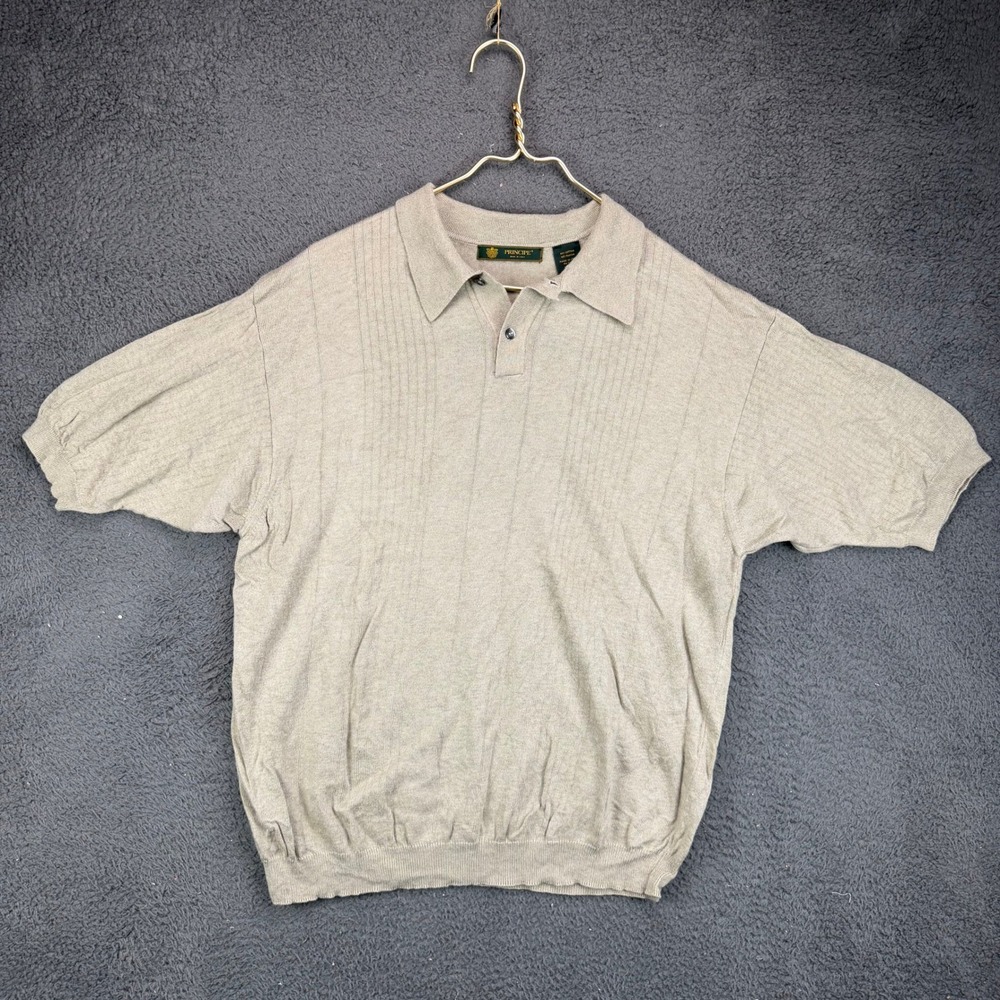 Principe Mens Large Polo Shirt Tan Cotton Rayon Knit Made in Italy Short Sleeve